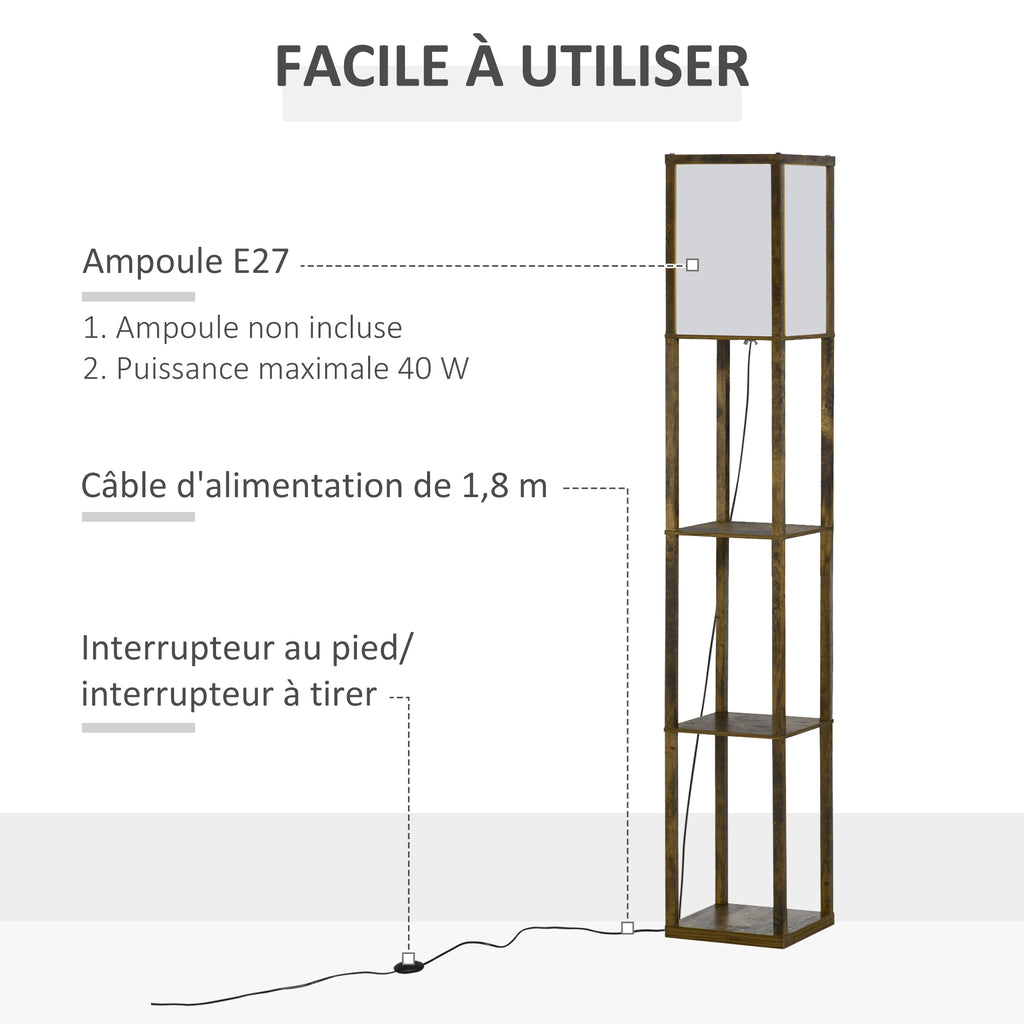 Lampadaire étagère Lampe étagère 26L x 26l x 160H cm 3 étagères 4 Niveaux MDF Blanc et Marron-4