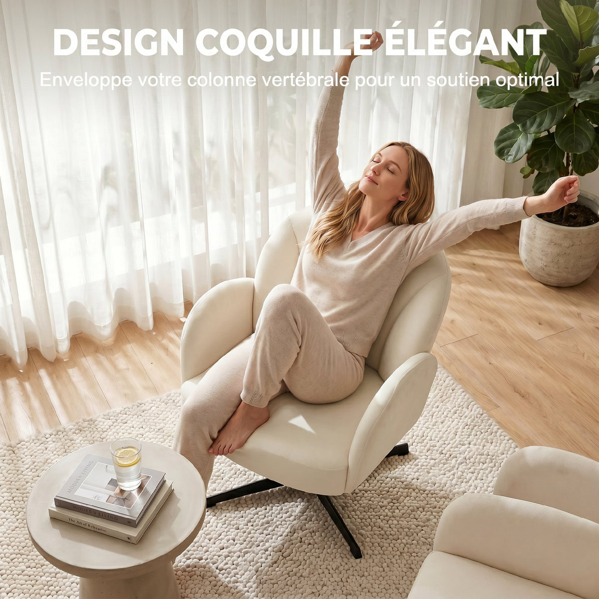 Fauteuil salon pivotant fauteuil d'appoint rembourré en velours dossier en forme de coquille coussin à ressorts beige-3