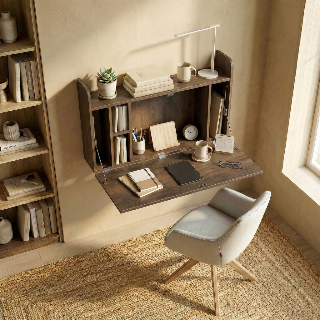 Bureau suspendu table murale table d'ordinateur murale et tablette rabattable avec rangements - 77 x 20 x 51 cm-6