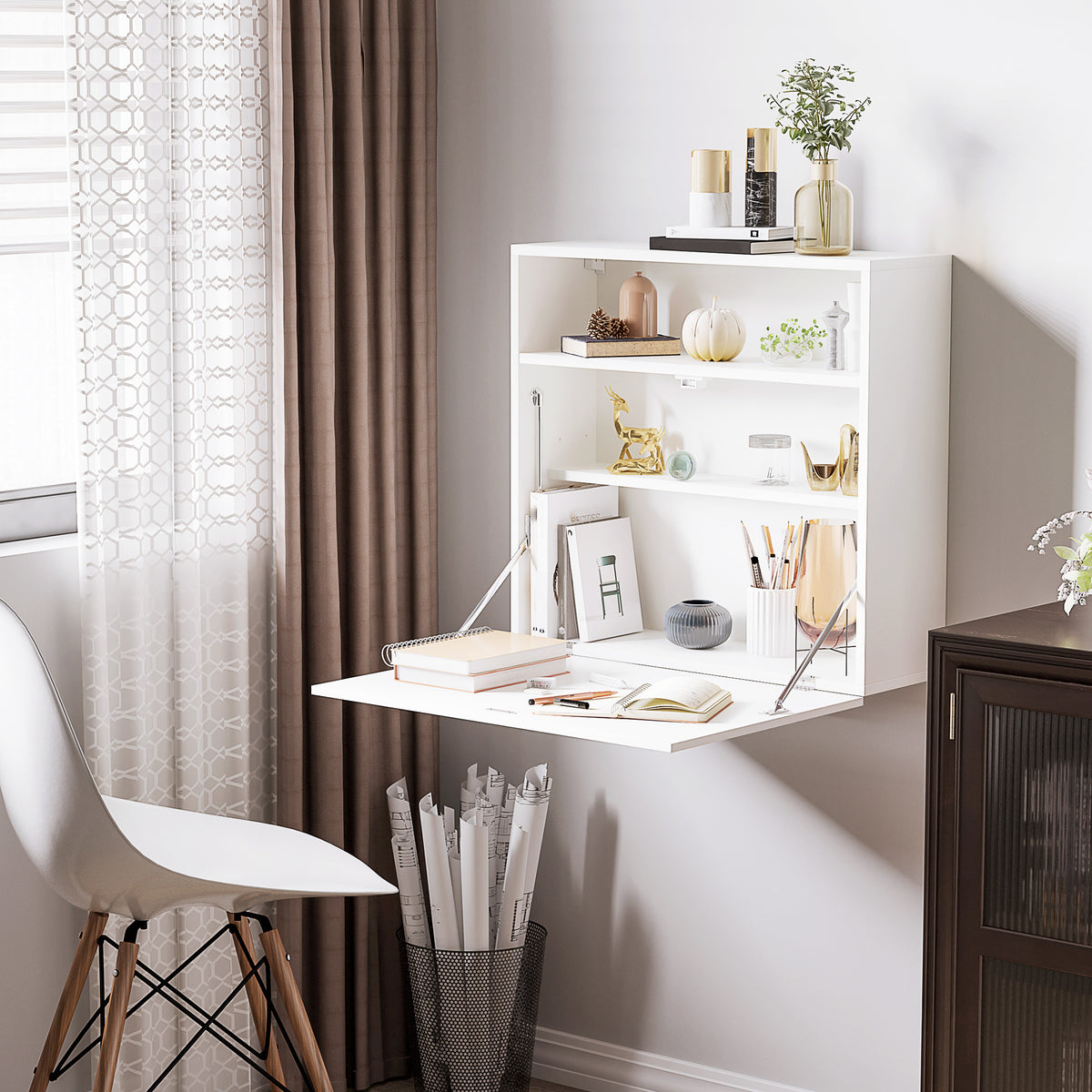 Bureau suspendu bureau mural avec tablette rabattable et 3 compartiments - 64 x 20 x 60 cm - blanc-1