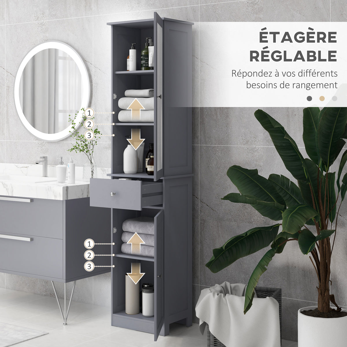 Meuble Colonne de Salle de Bain Placard Porte Acrylique 2 étagères Placard Porte 1 étagère tiroir MDF Gris-5