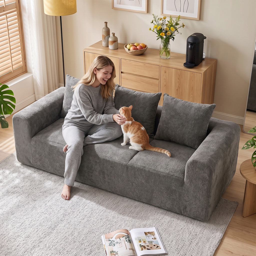 Canapé 3 Places en Chenille 220 cm, Canapé Salon Moderne avec Assise et Accoudoirs Larges, 3 Coussins, Gris-9