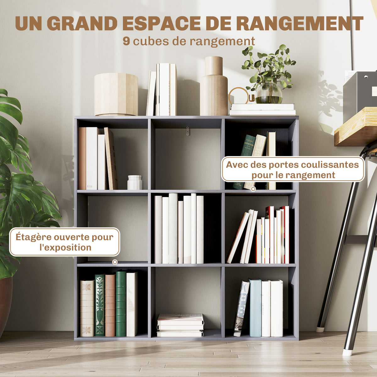 Bibliothèque, étagère de rangement à 3 niveaux avec 9 compartiments, pour salon, bureau, chambre, 91x29,5x91cm, gris-3