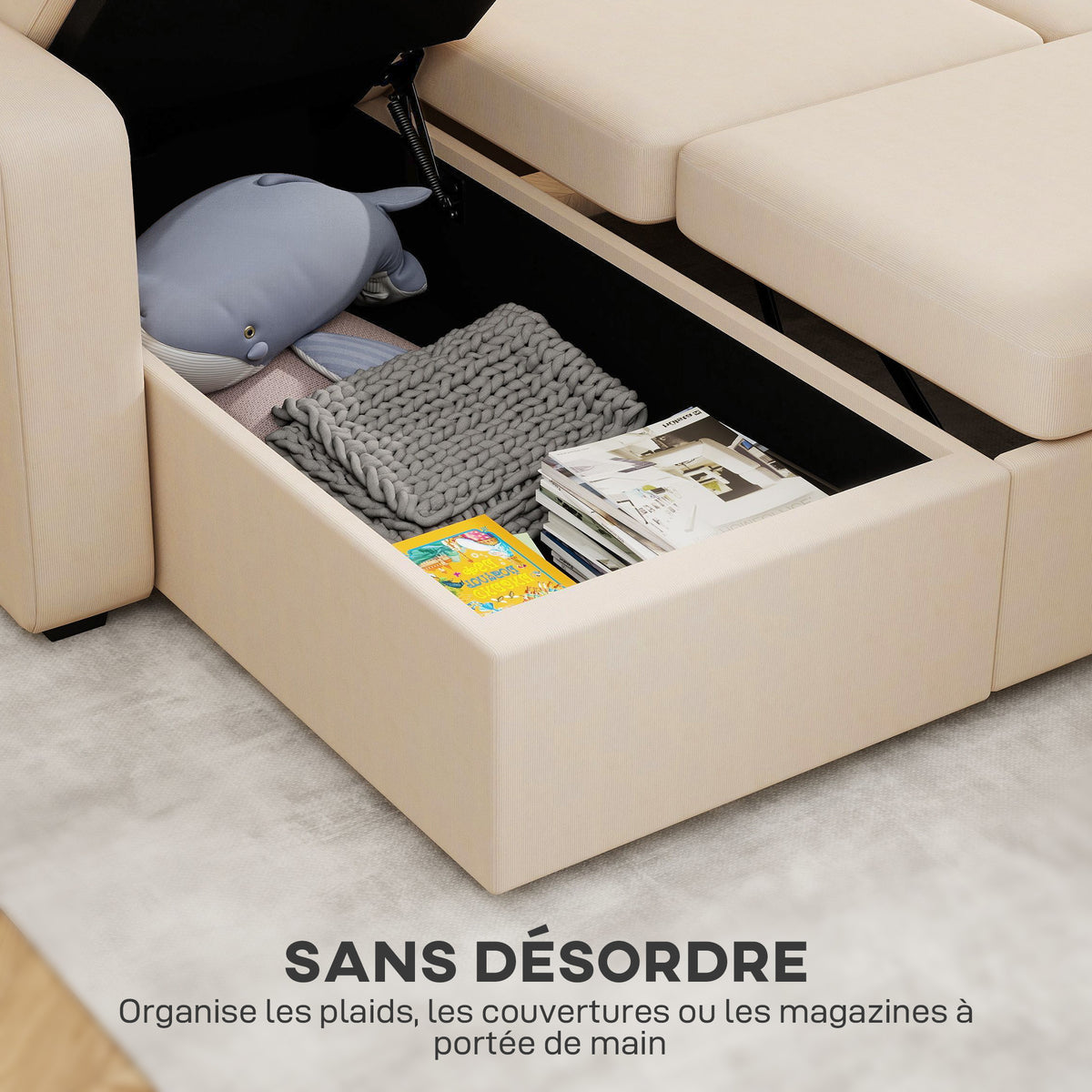 Canapé d'angle convertible en velours côtelé, canapé-lit 3 places avec rangement caché, coussins, 205x135x76cm, beige-5