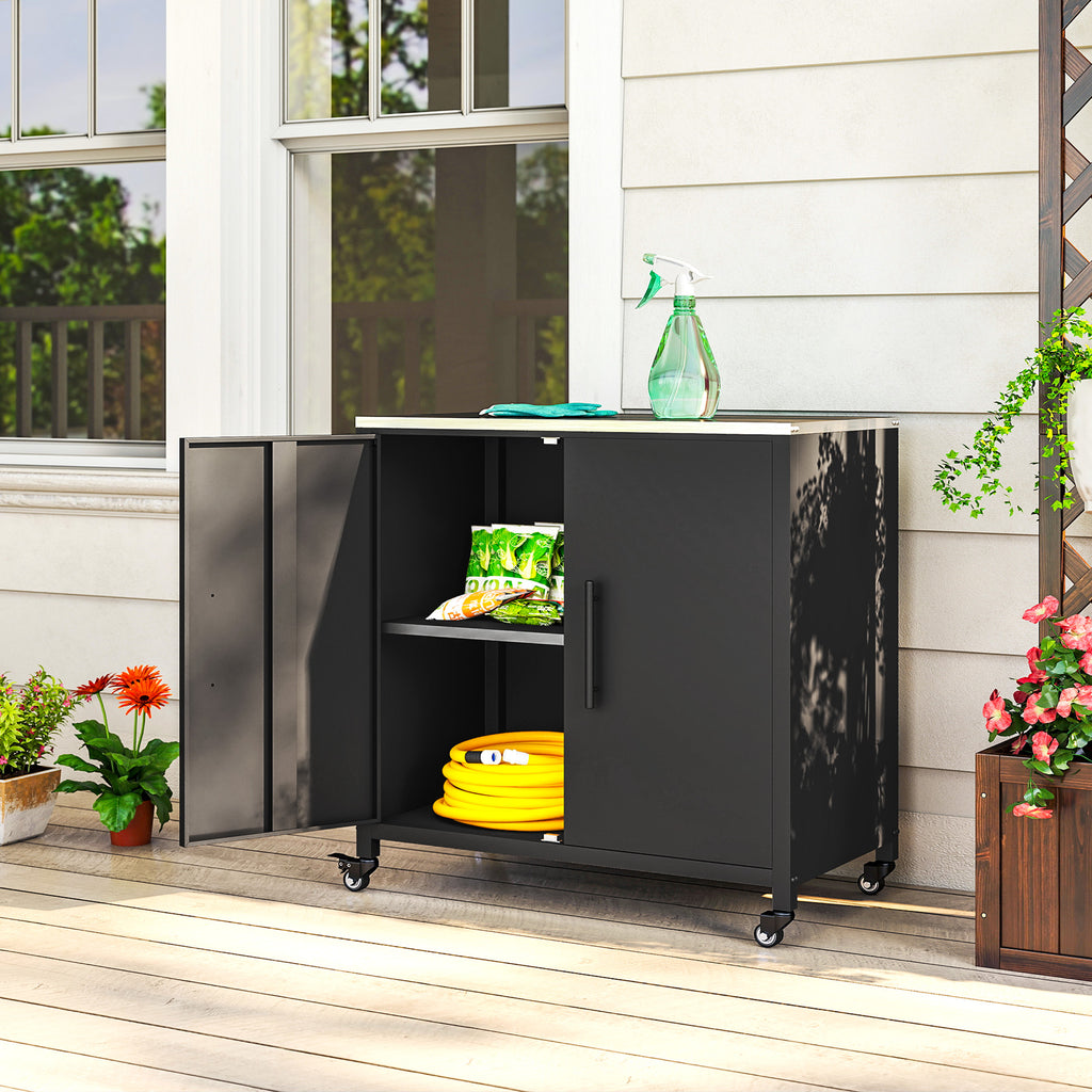 Armoire de jardin en Métal, Armoire de Rangement Extérieur, Toit en Acier Inoxydable et Roulettes, Noir-9