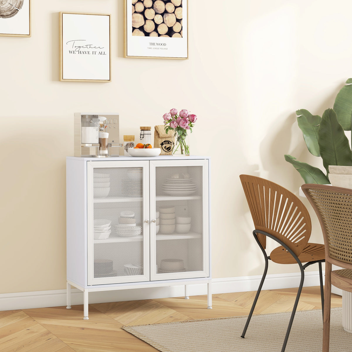 Buffet meuble de cuisine à 3 niveaux avec 2 portes grillagées avec étagère réglable 80 x 37 x 92 cm blanc-1