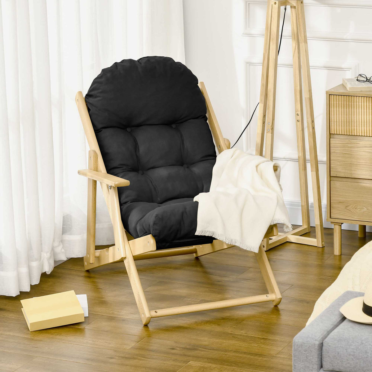 Fauteuil Chaise de Salon Pliable et inclinable en Bois Fauteuil Relax Confortable avec Coussin capitonné épais-1