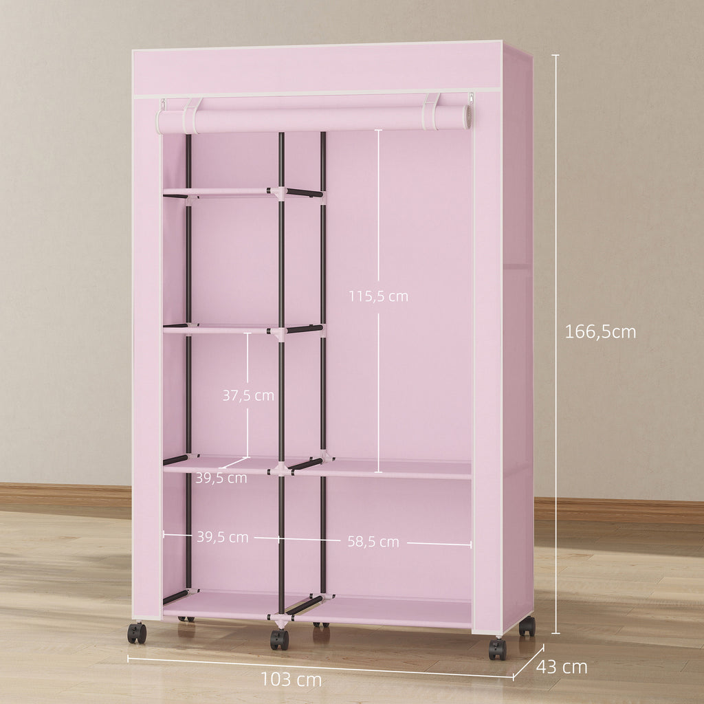 Armoire penderie en tissu meuble de rangement 6 roulettes tringle à vêtements et étagères ouvertes 103x43x162,5cm rose-2