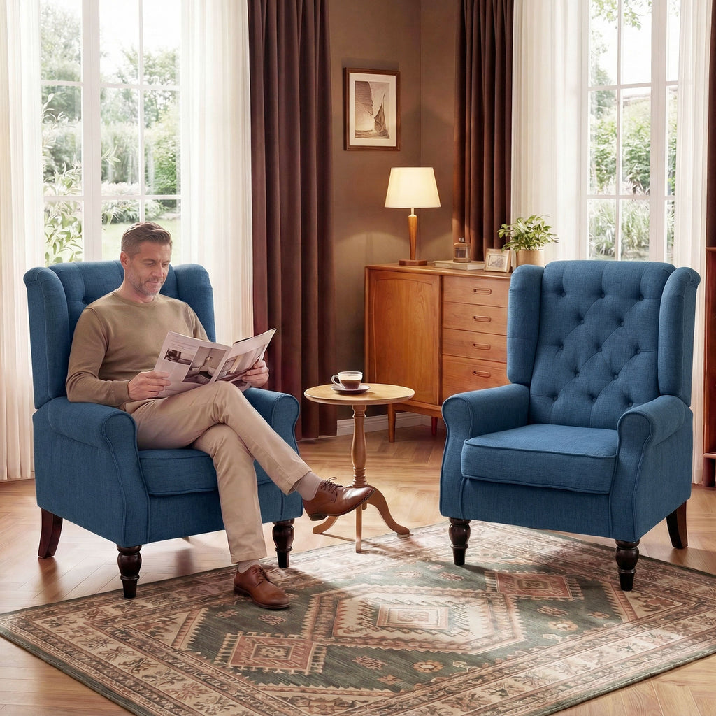 Fauteuil de Salon, Fauteuil Capitonné avec Pieds en Bois, Assise Large, Grand Confort, Classique, 74x86x102cm, Bleu-8