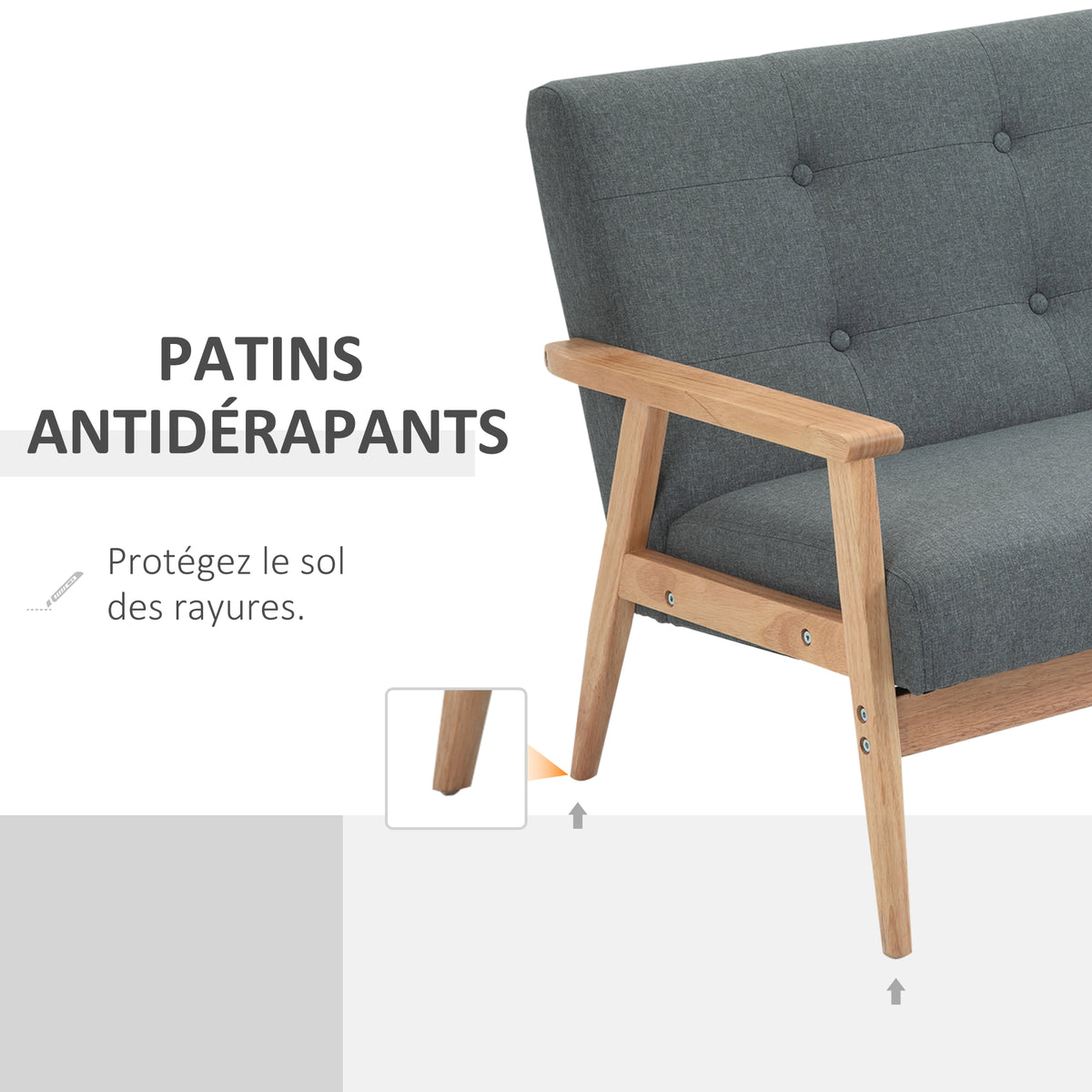 Canapé 2 places style scandinave avec accoudoirs, pieds en bois, 115l x 66,5P x 73H cm, gris-5