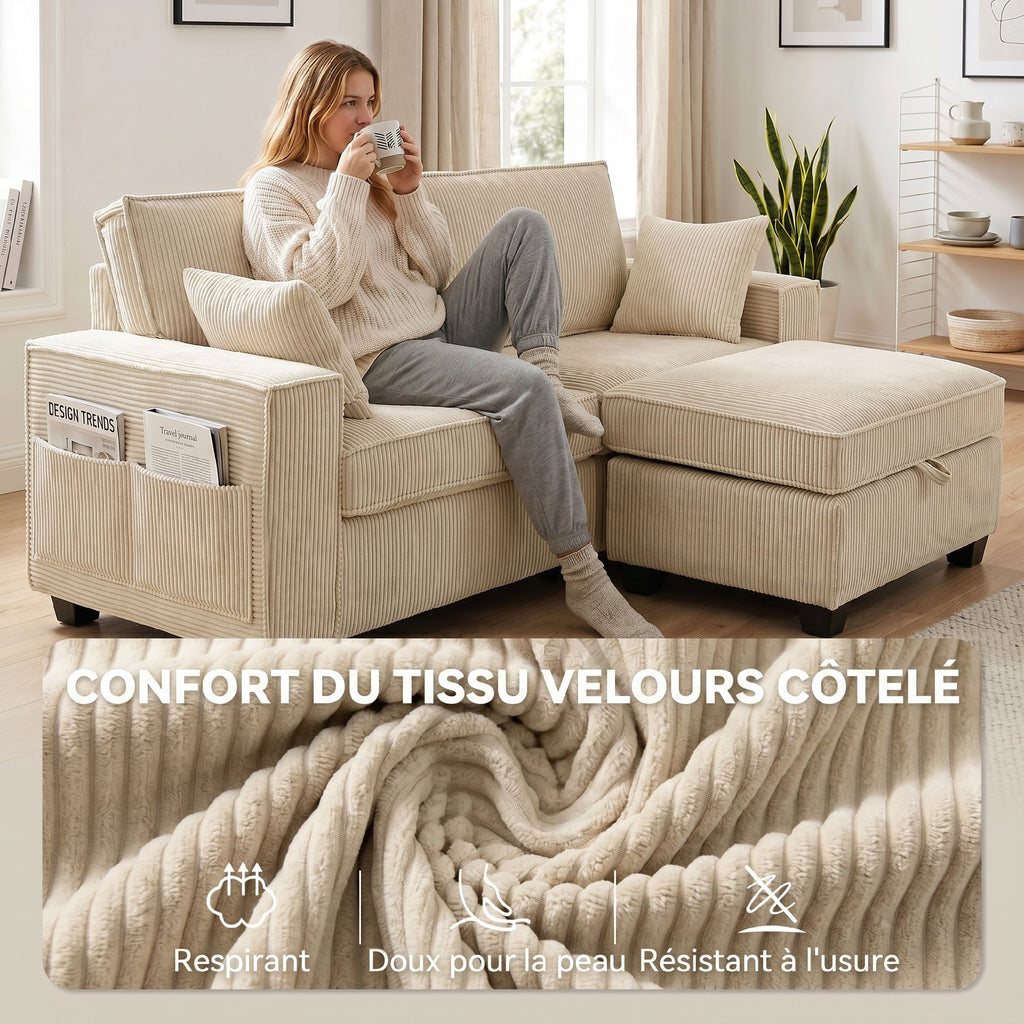 Canapé 3 Places avec Pouf de Rangement, Canapé d'Angle en Velours Côtelé, Assise Large, 2 Coussins, Beige-6