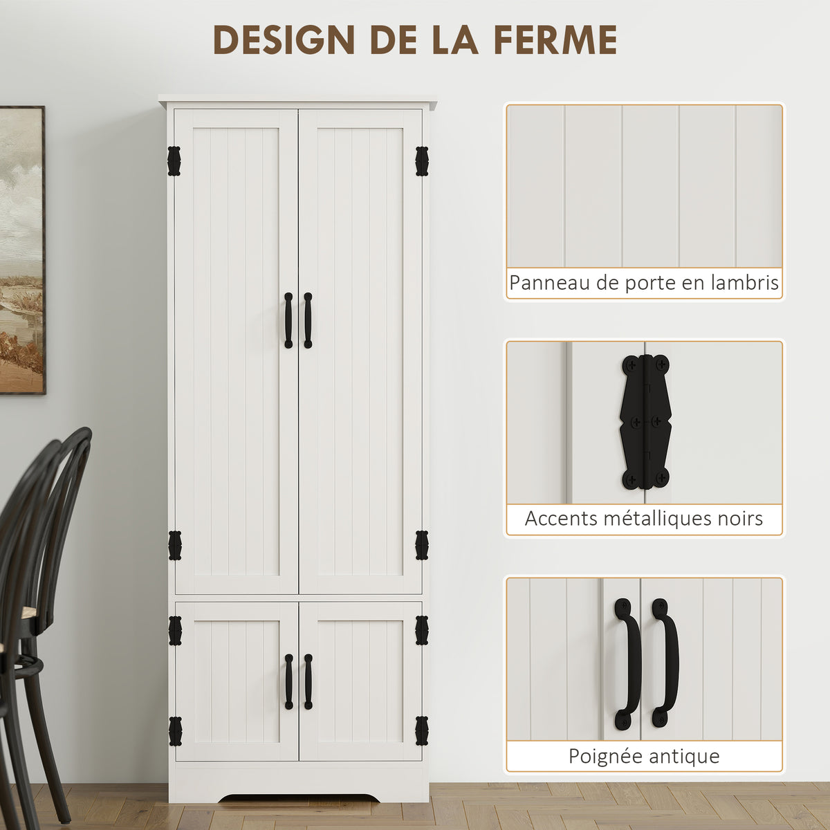 Buffet de cuisine armoire de cuisine contemporaine multi-rangements 2 placards 3 étagères MDF panneaux particules blanc-4