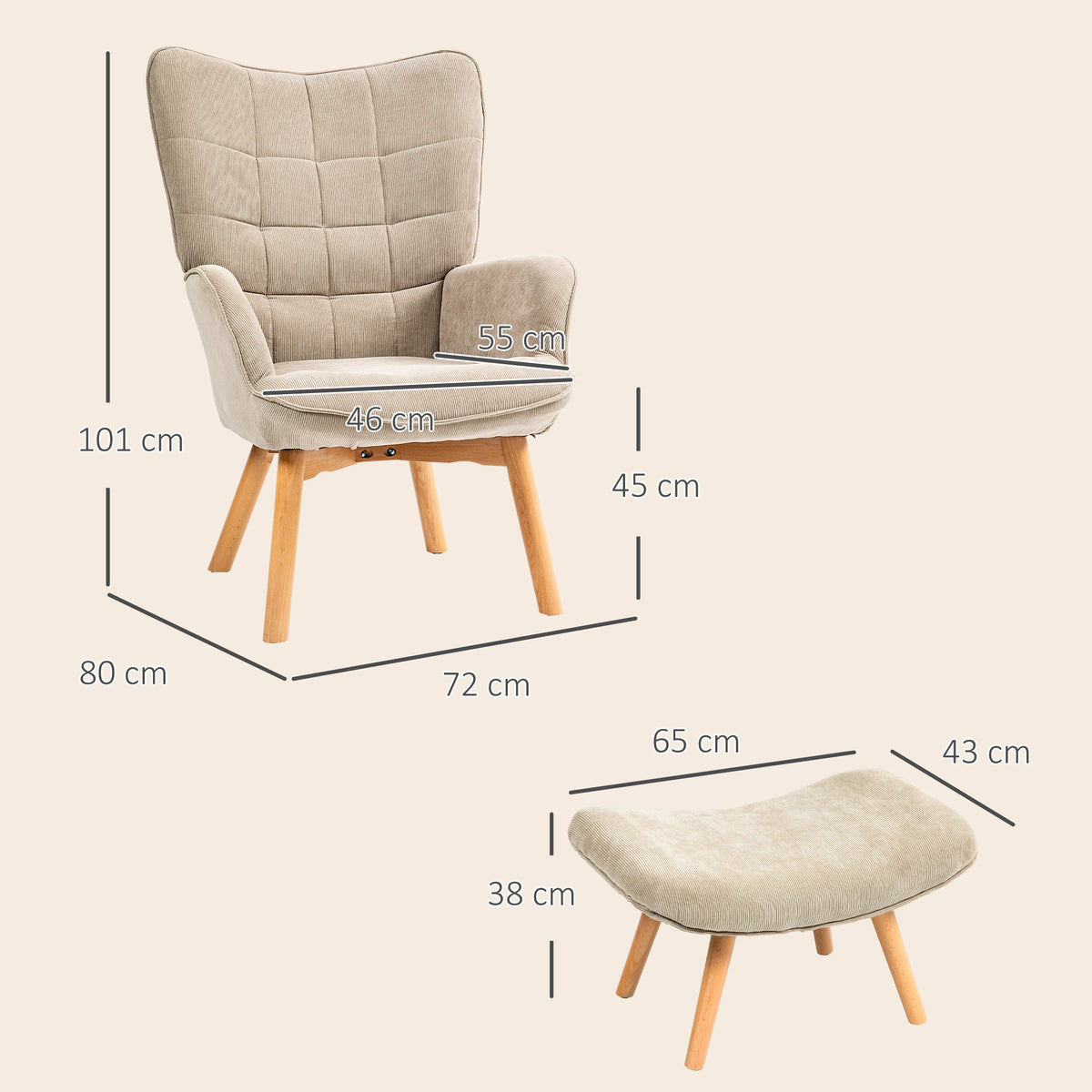 Fauteuil de Salon avec Repose-Pied, Fauteuil d'Appoint Capitonné en Velours Côtelé, Dossier Haut et Accoudoirs, Marron-2