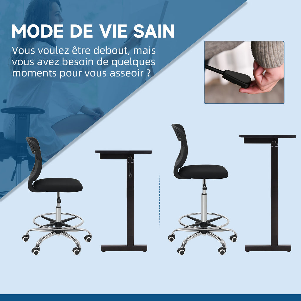 Chaise de bureau ergonomique en maille, chaise de dessin, hauteur et repose-pieds réglable, 59 x 59 x 106-126 cm, noir-3