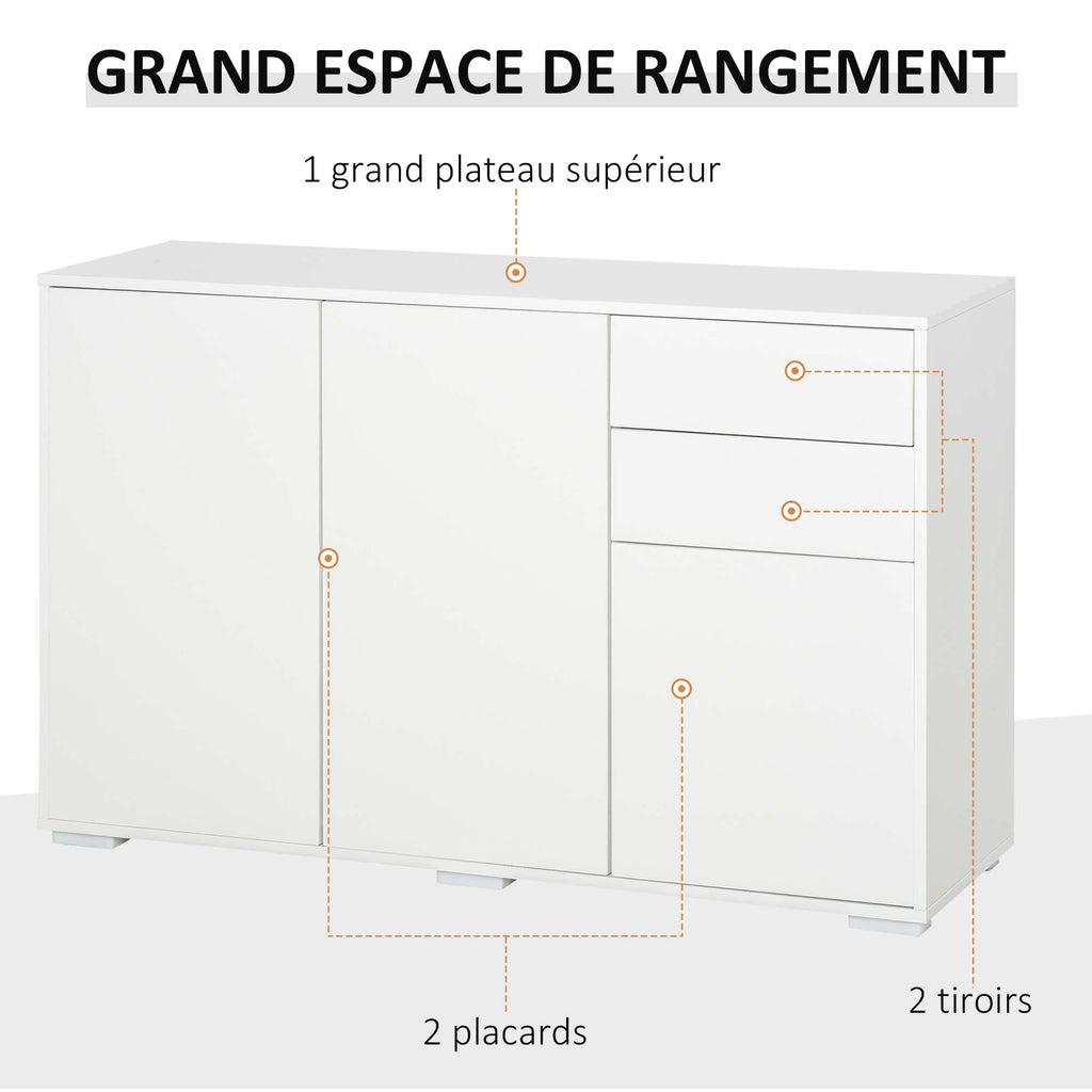 Buffet meuble de rangement 2 tiroirs coulissants 3 portes étagère réglable panneaux de particules 117 x 36 x 74 cm blanc-4