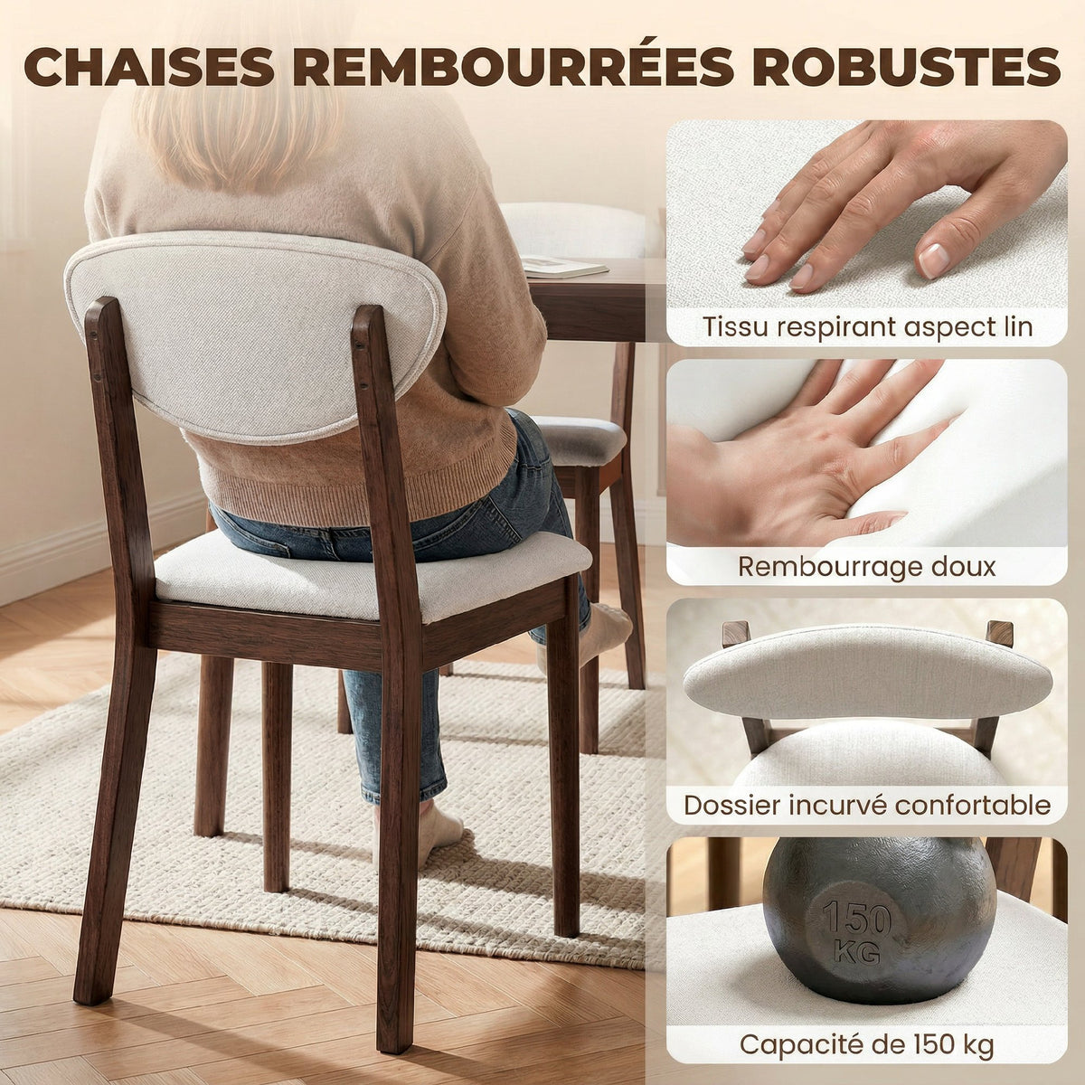 Ensemble table salle à manger avec 4 chaises table de cuisine avec chaises 4 personnes assise rembourrée noyer crème-4