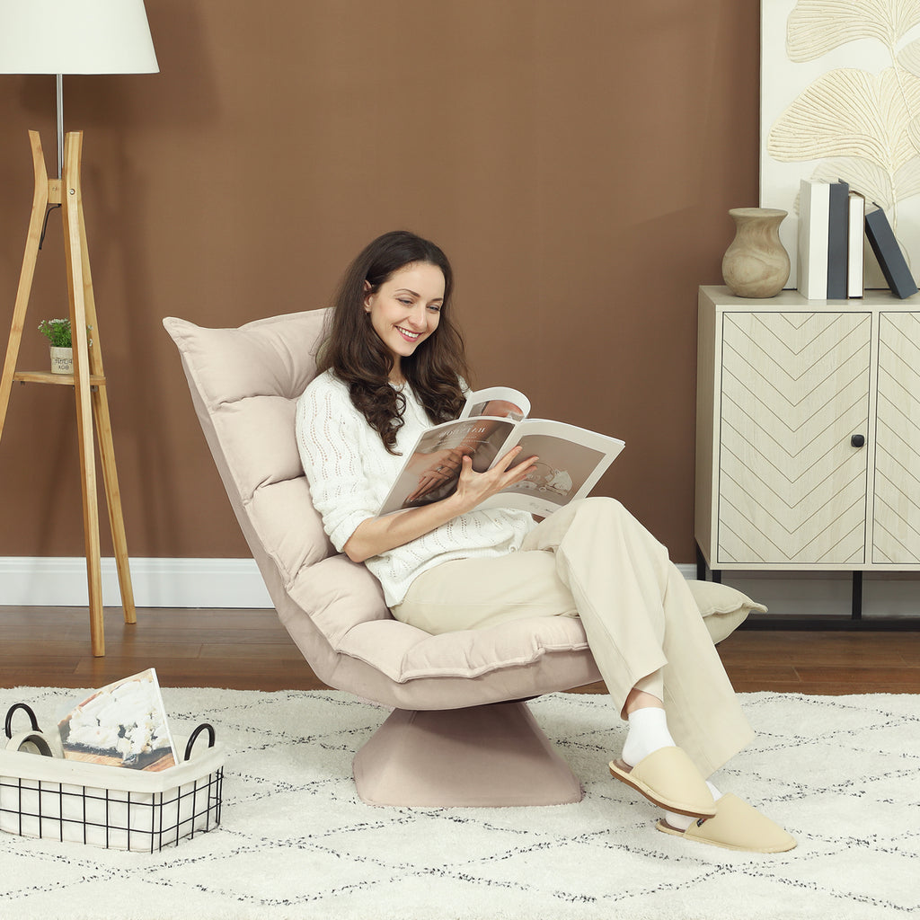 Fauteuil de sol paresseux fauteuil relax design capitonné inclinaison dossier réglable pivotant 360° revêtement lin beige-1