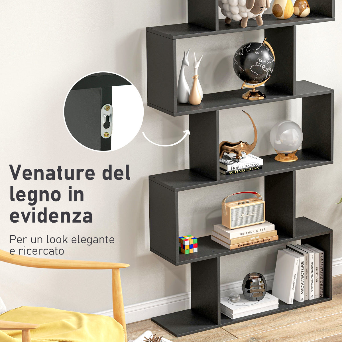 Bibliothèque étagère Zig zag Design Contemporain 80L x 23l x 192H cm 6 Niveaux Noir-4