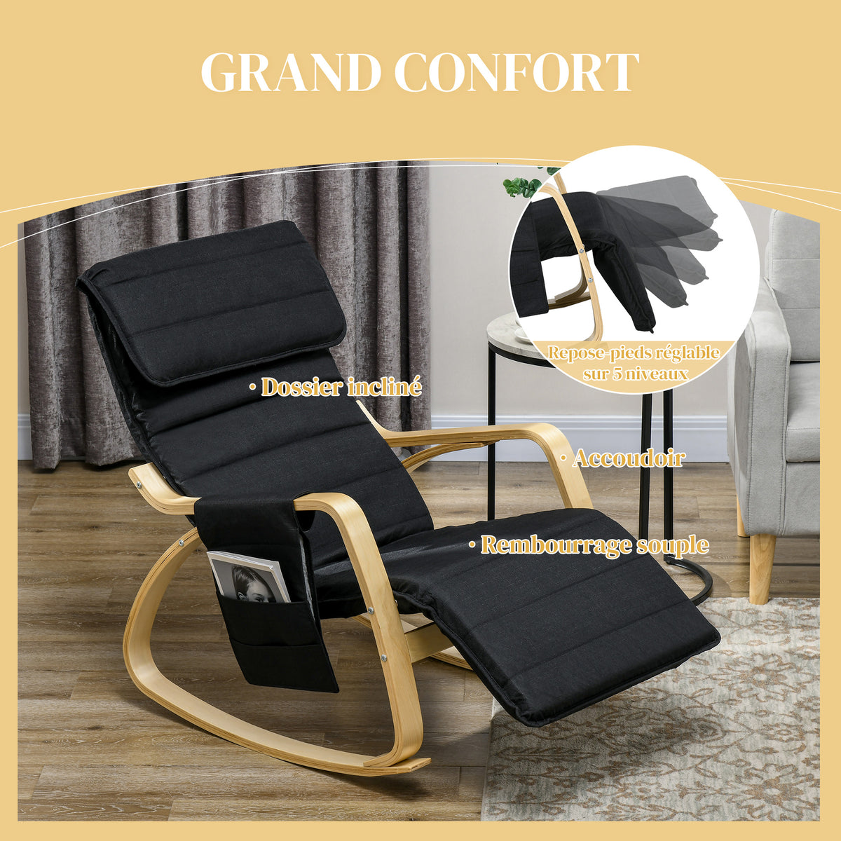 Fauteuil relax à bascule fauteuil allaitement avec repose-pieds réglable, poche latérale et appui-tête, noir-4