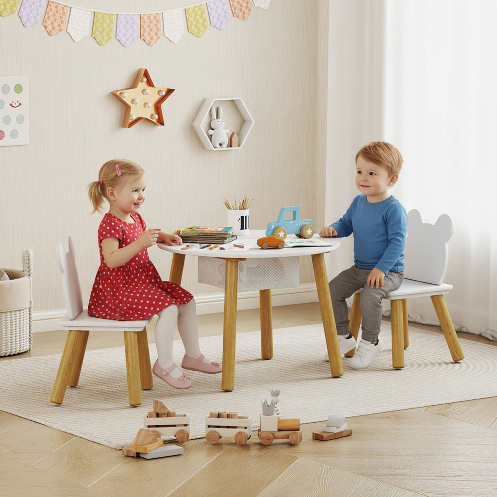 Ensemble 1 table ronde, 2 chaises pour enfant 3 pièces, dossier en forme d'ours, activités, bricolage, repas, 3-6 ans-1