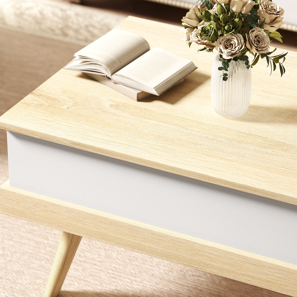 Table Basse Relevable avec 3 Compartiments Cachés, Table de Salon Moderne, Pieds en Bois, 100x79x54cm, Naturel Blanc-8