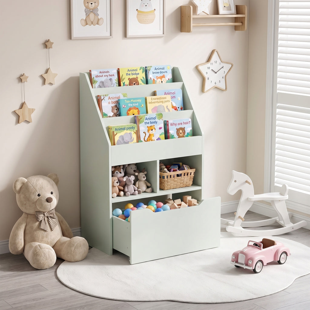 Bibliothèque étagère Multi-Rangement 3 étagères 2 niches Grand tiroir en bois Vert clair-9