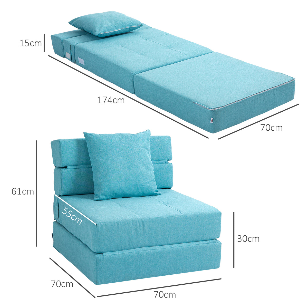 Chauffeuse canapé-lit convertible fauteuil 1 place avec 1 coussin déhoussable, tissu bleu-2