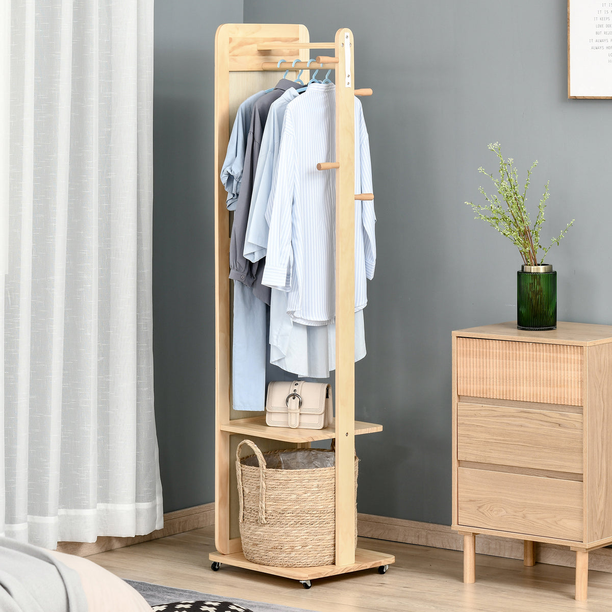 Miroir sur Pied avec roulettes - Portant, 4 patères étagère MDF Aspect Bois Clair-6