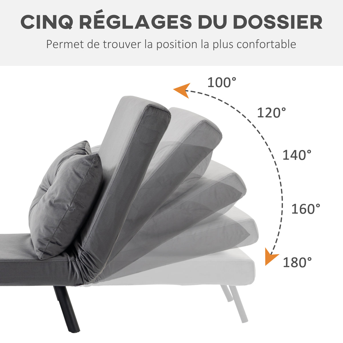 Fauteuil convertible 1 place fauteuil-lit chauffeuse 3 en 1 dossier réglable oreiller tissu velours 63x73x81cm gris-4