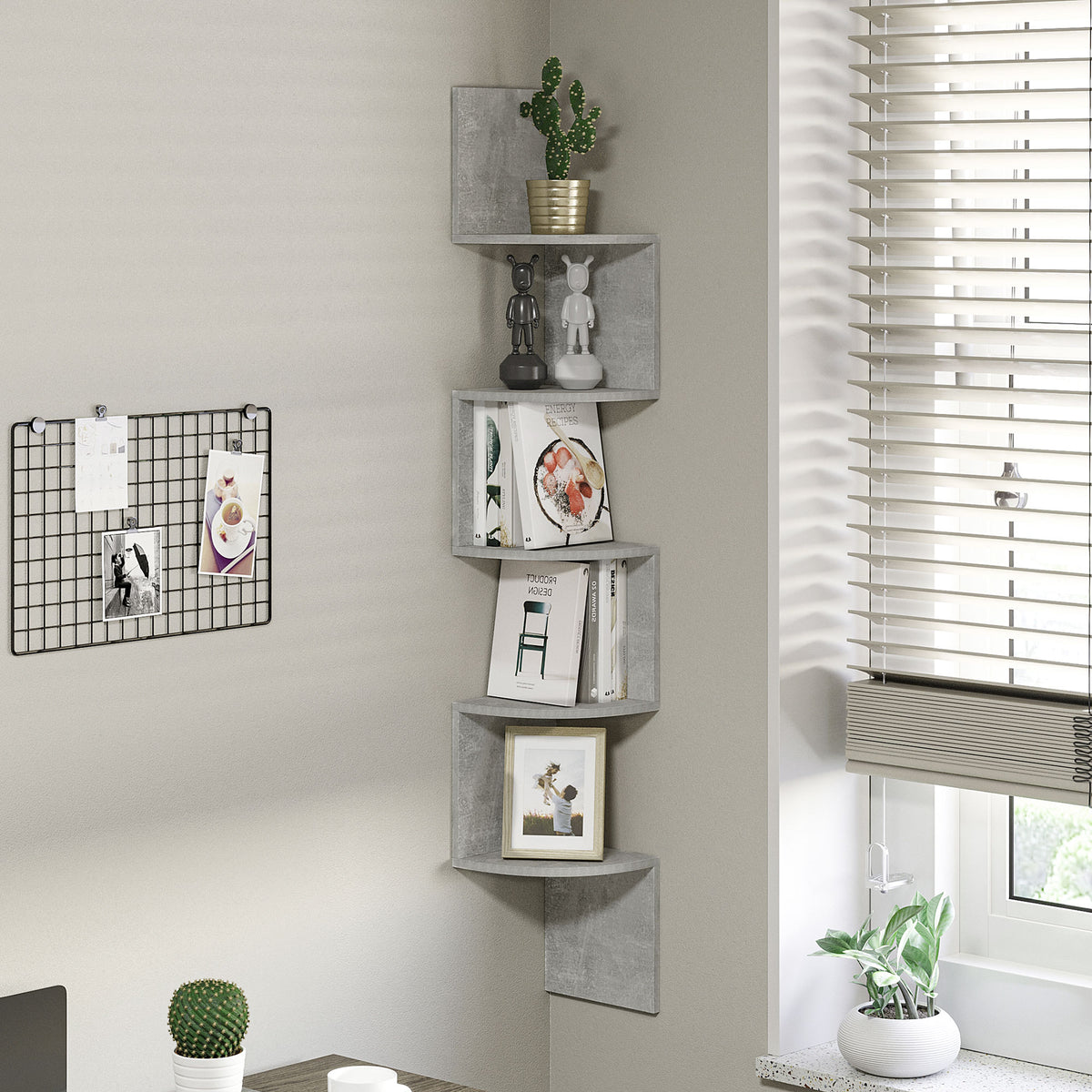 Étagère d'angle Murale de Rangement Forme Zigzag 20L x 20l x 126H cm 5 Niveaux Bois Gris-1
