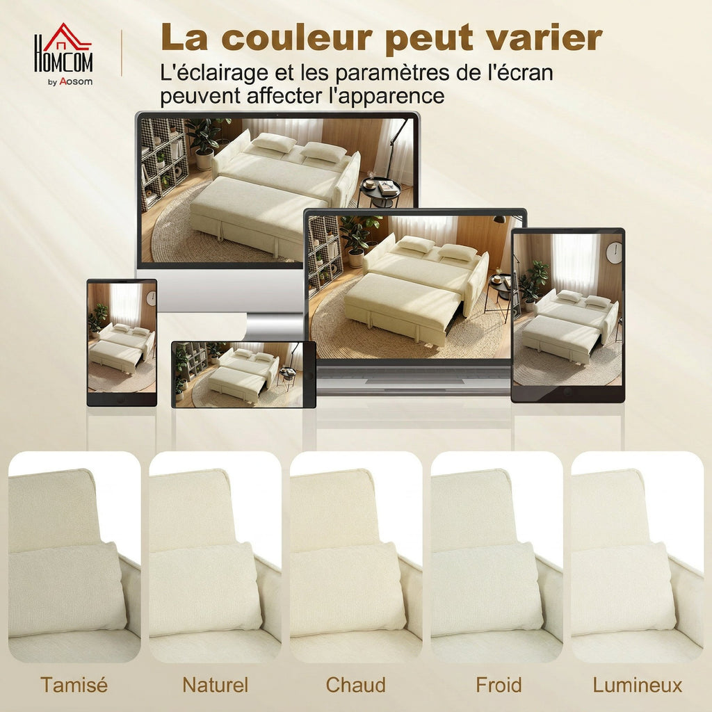 Canapé convertible 2 places 3 en 1, canapé-lit clic clac en chenille avec dossier réglable, porte-gobelets, beige-7