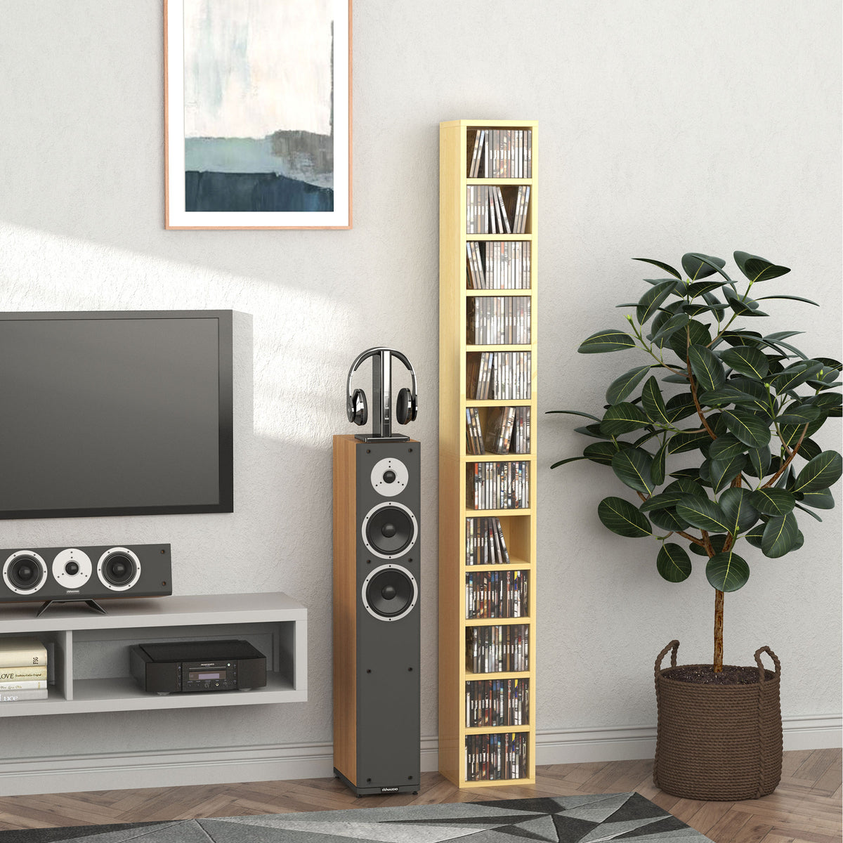 Rangements pour CD et DVD, étagère colonne de rangement, meuble de rangement bois naturel-6