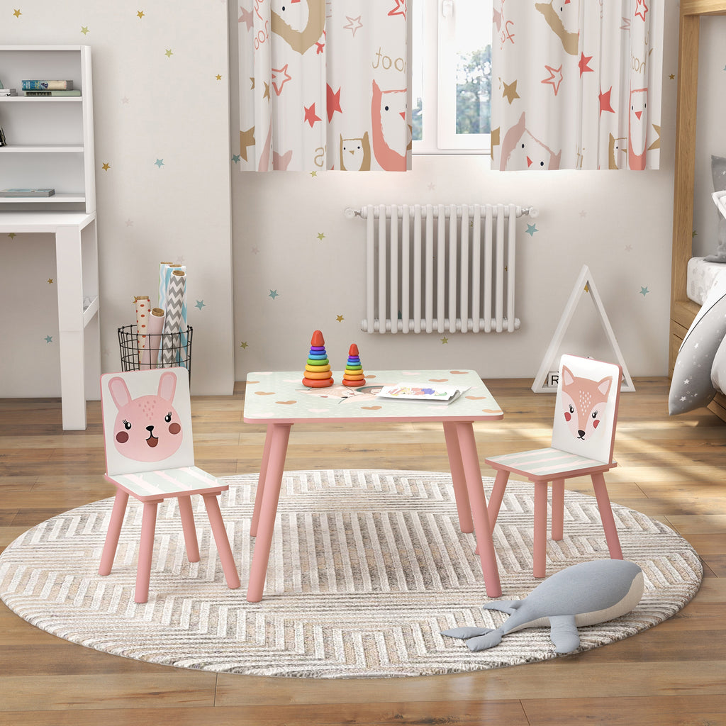 Ensemble table et chaises pour enfants, table pour enfant avec 2 chaises, motif animaux pour chambre à coucher rose-9