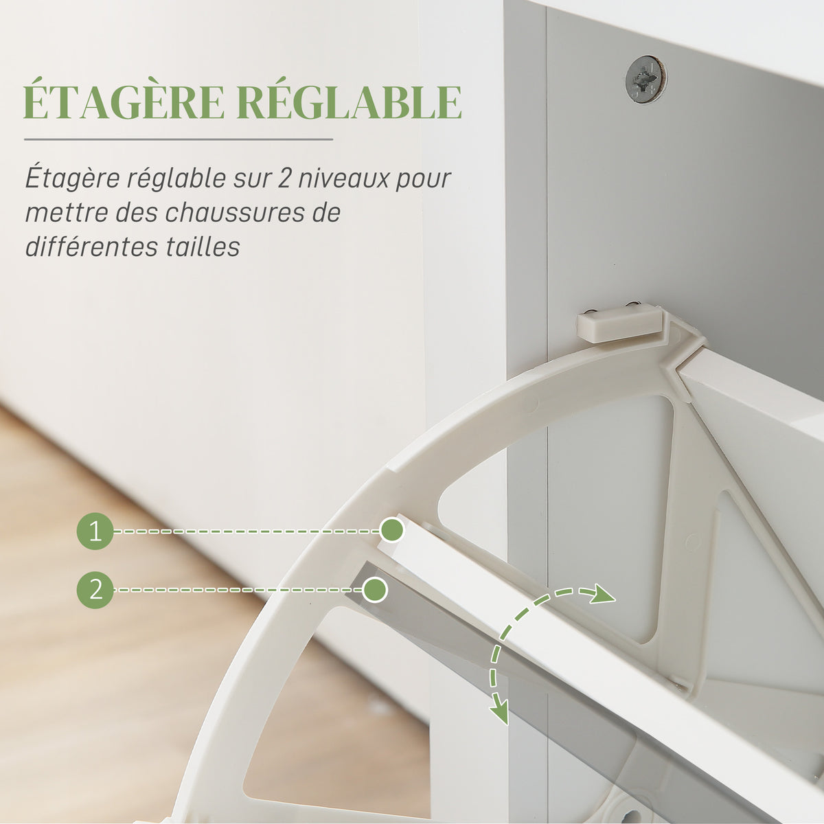 Armoire à Chaussures avec 2 Tiroirs Rabattables + 1 Tiroir Coulissant + 1 Comptoir et 1 Plateau en Verre blanc-4