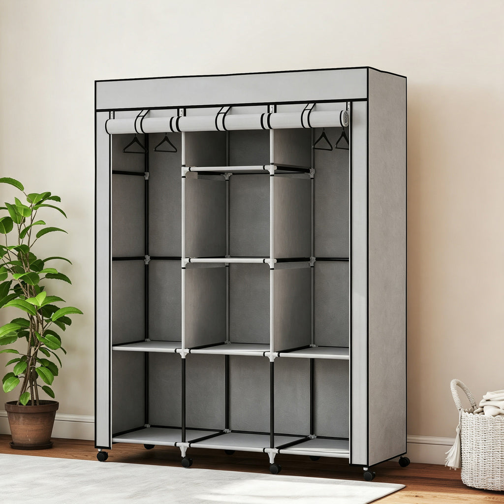 Armoire penderie multi-rangement - 8 étagères, 2 barres - non tissé gris-1
