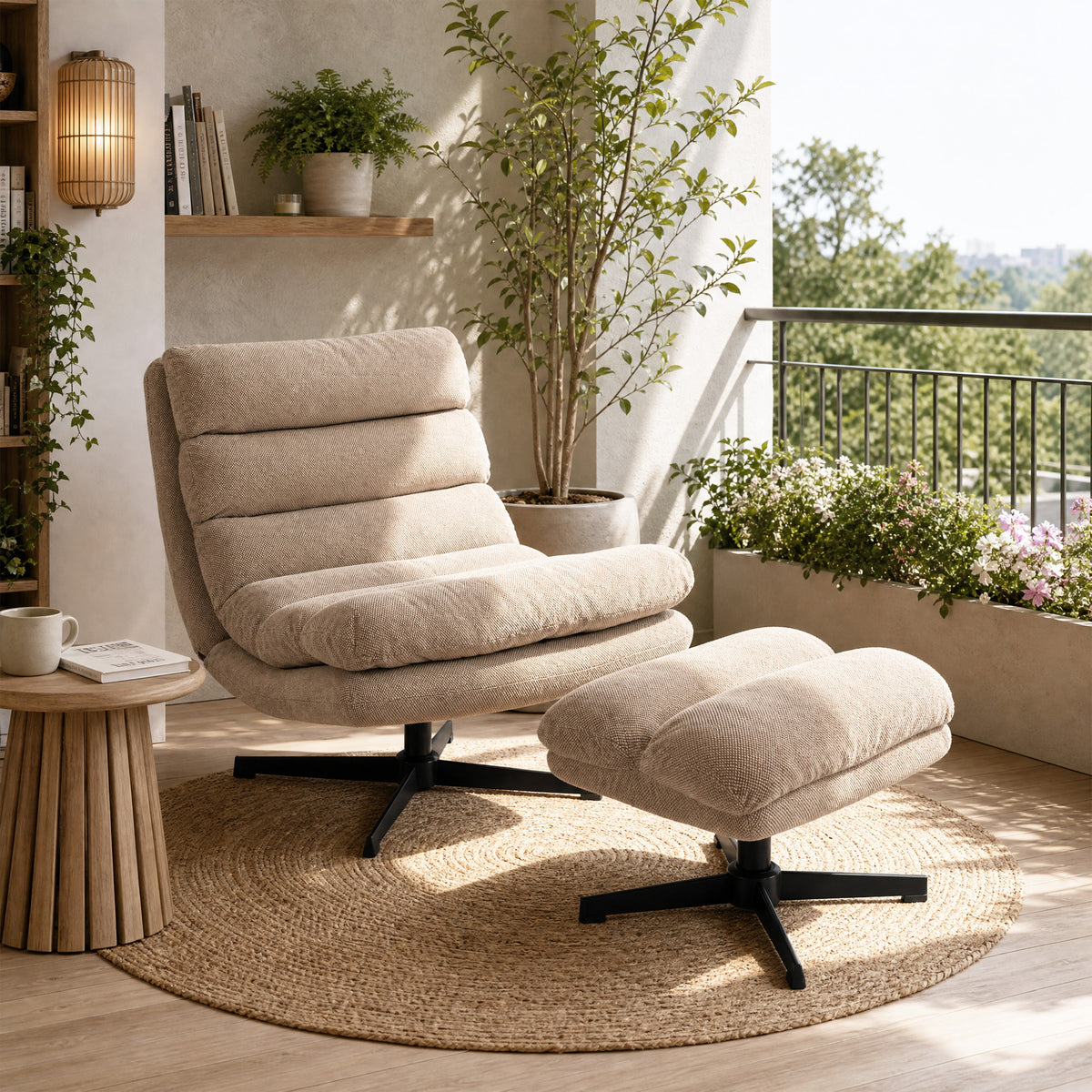 Fauteuil de Salon avec Repose-Pied Réglable, Rotation 360°, Fauteuil d'Appoint Capitonné en Lin, Assise Large, Marron-8