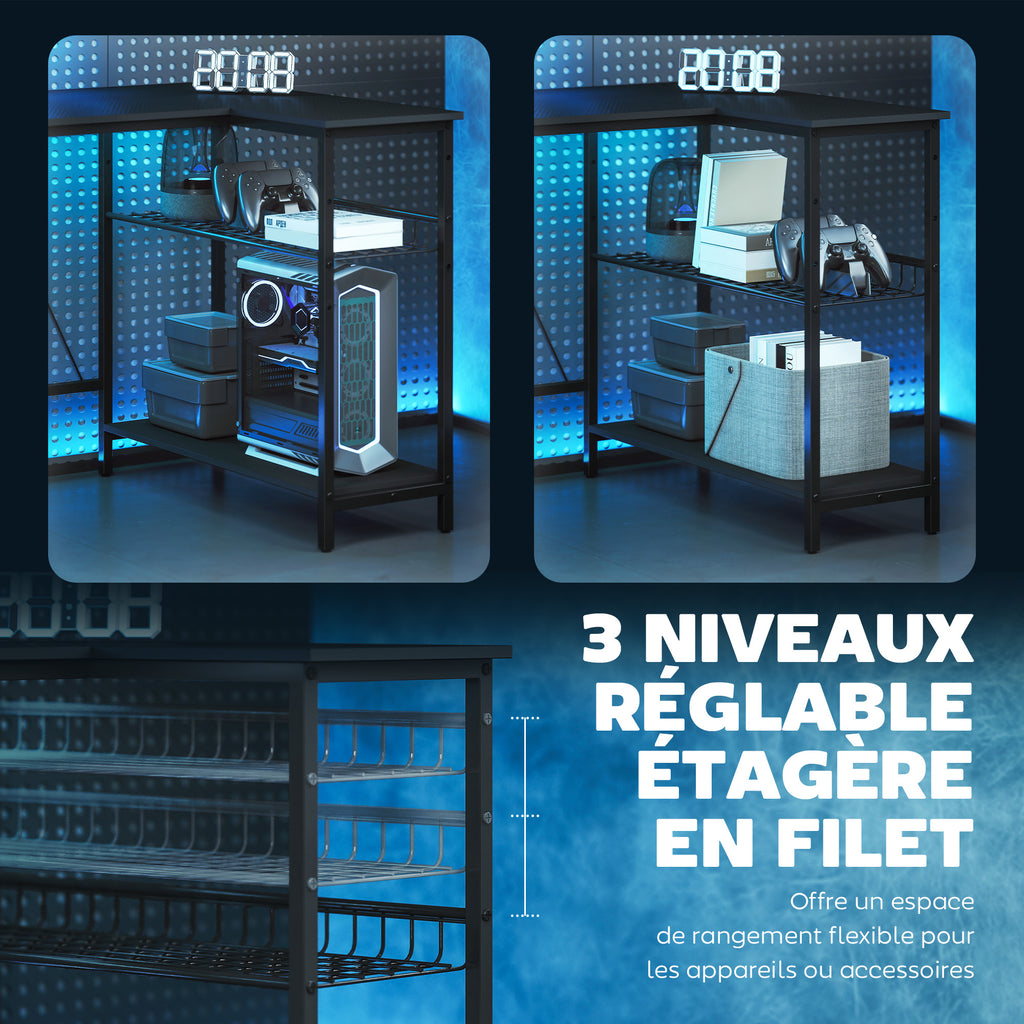 Bureau gaming réversible, bureau gaming d'angle, support pour écran, étagère en maille réglable, 114,5x82x91,5cm, noir-3