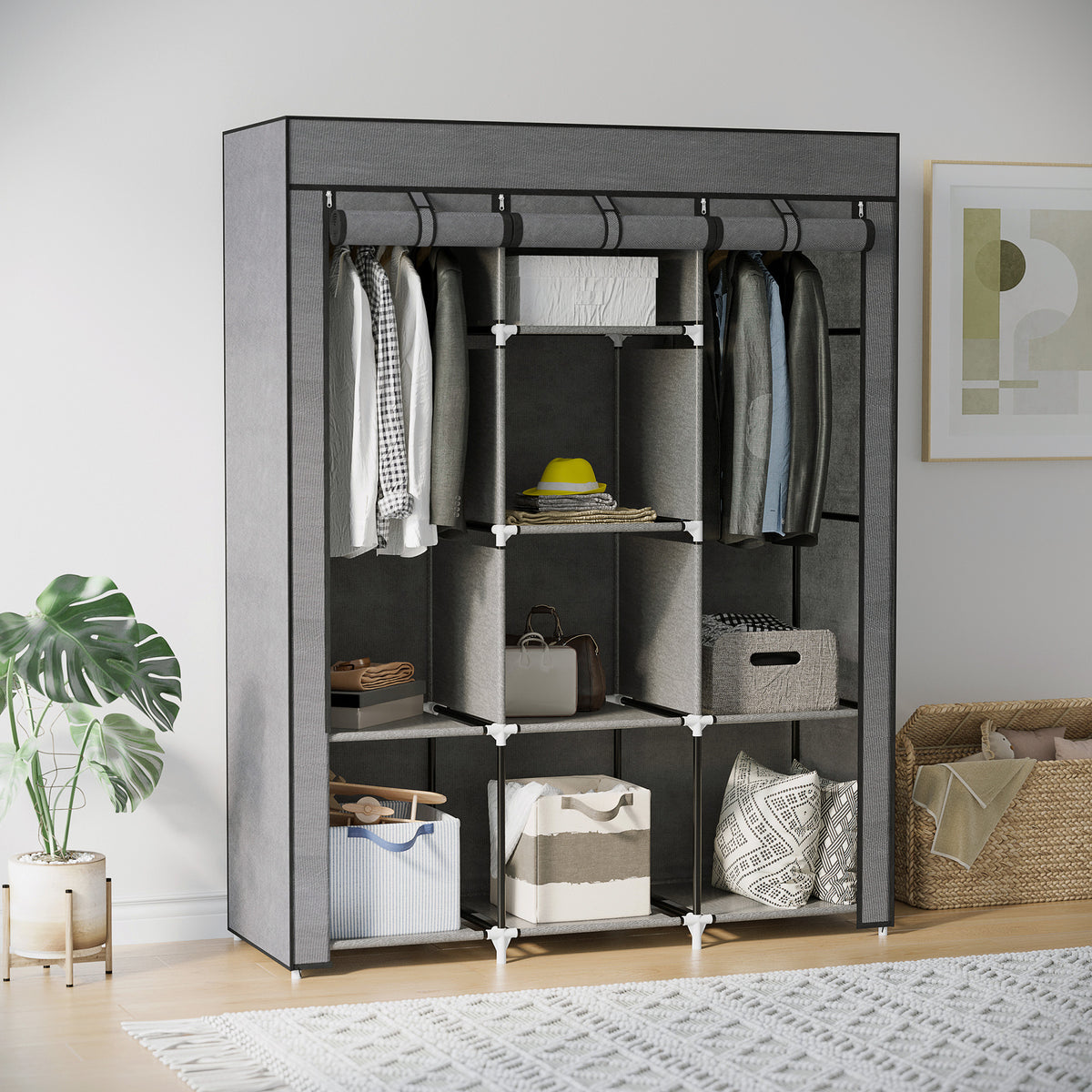 Armoire penderie multi-rangement - 8 étagères, 2 barres - non tissé gris-1
