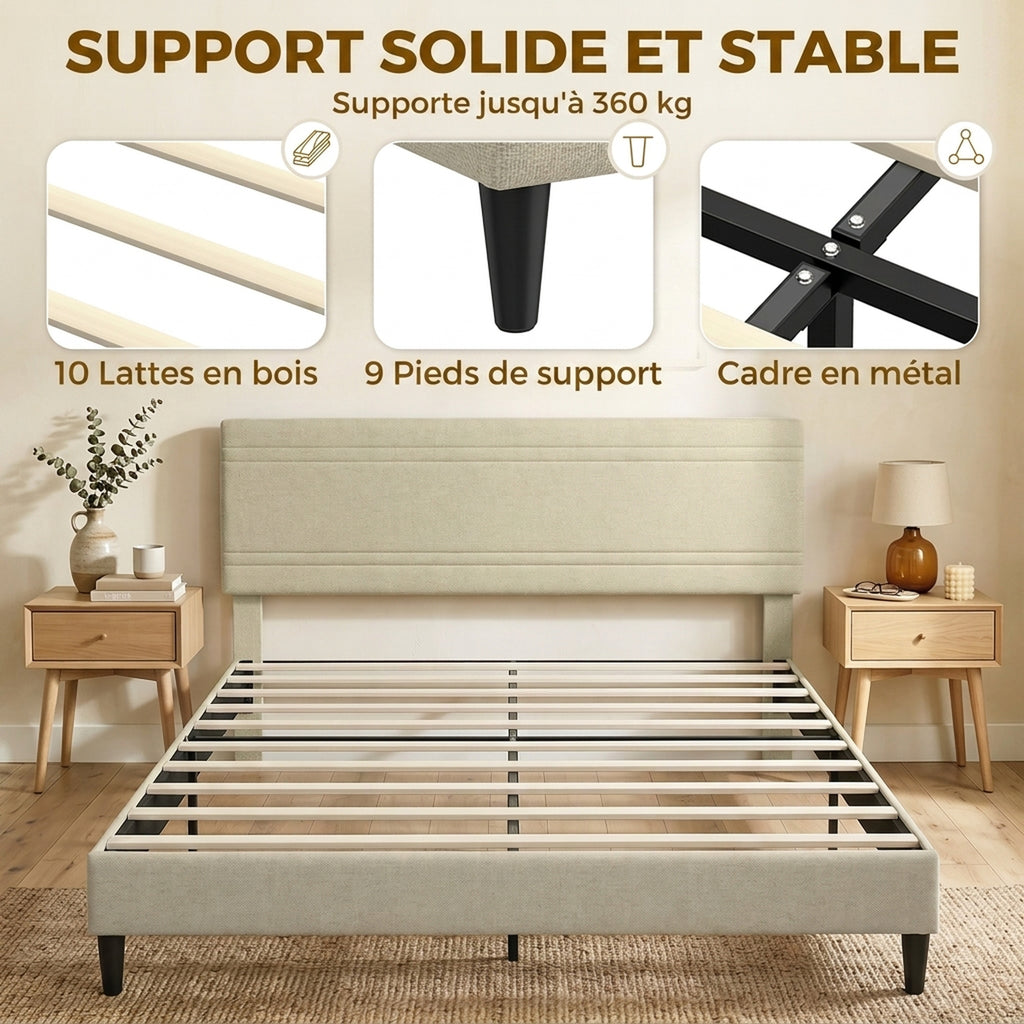 Cadre de Lit 160 x 200 cm avec Sommier en Bois, Rembourré en Effet Lin, Cadre en Acier, 9 Pieds Robustes, Beige-6