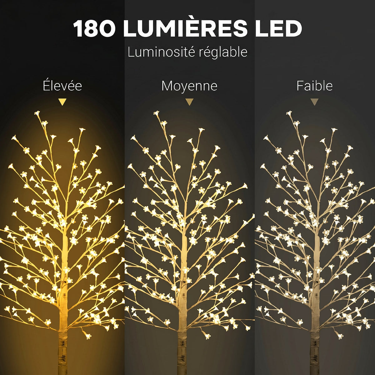 Albero di Natale luminoso 180 cm con 180 LED bianco caldo e 3 livelli di luminosità
