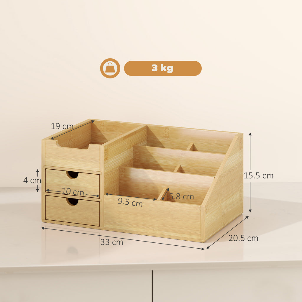 Boite de Rangement de Bureau - Organiseur de Bureau - 7 Compartiments, 2 tiroirs - Bambou Verni, Bambou-2