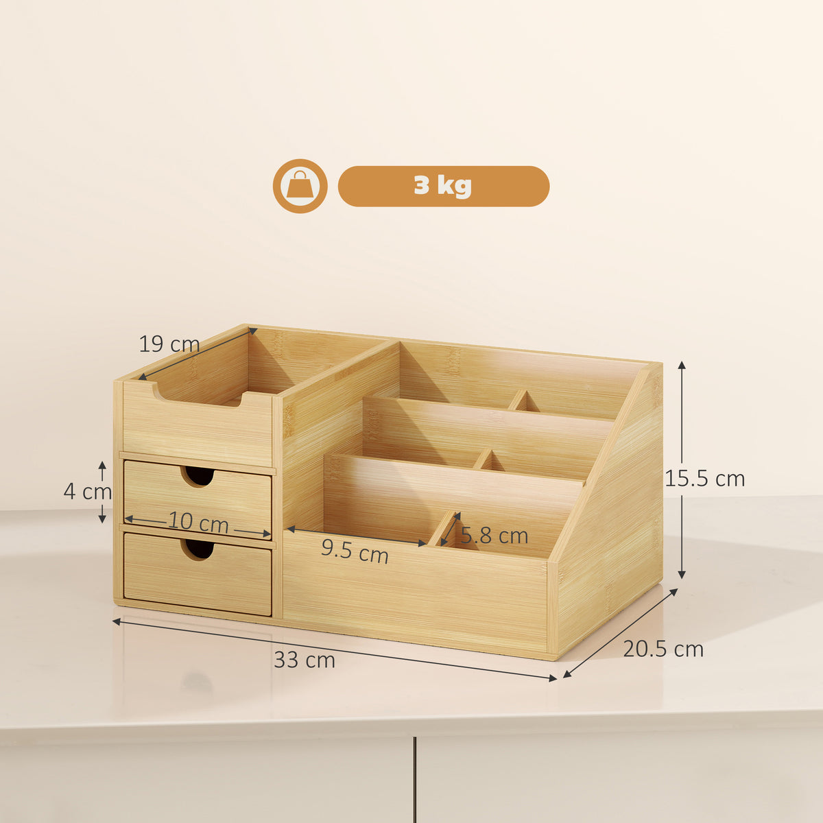 Boite de Rangement de Bureau - Organiseur de Bureau - 7 Compartiments, 2 tiroirs - Bambou Verni, Bambou-2