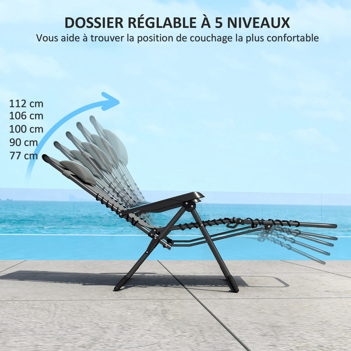 Lot de 2 bain de soleil, chaise longue pliante inclinable avec appuie-tête en textilène, 90 x 65 x 112 cm, gris-3