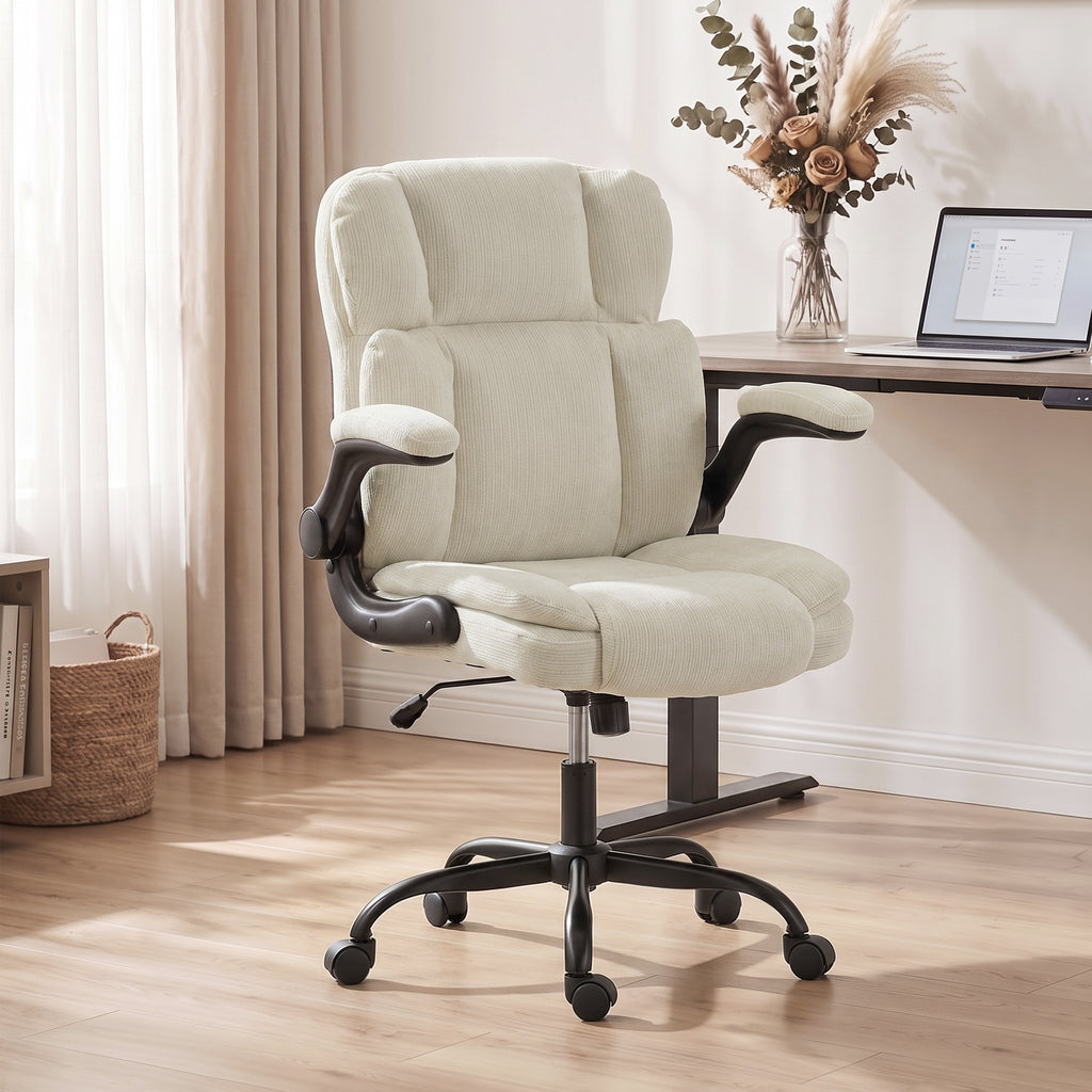 Chaise de Bureau Ergonomique en Chenille, Fonction Bascule, Accoudoirs Relevables, Hauteur Réglable, 70x67x108cm, Beige-1