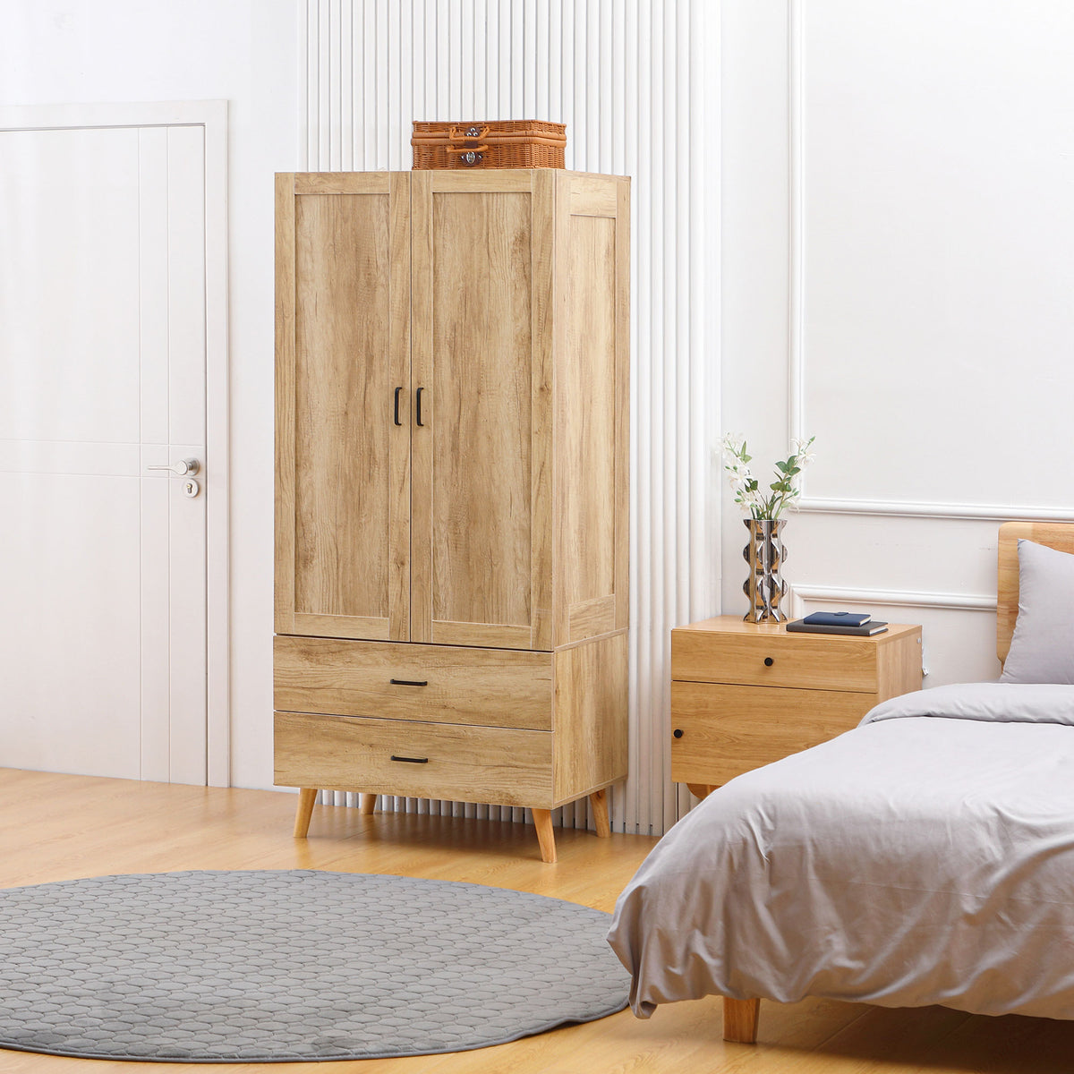 Armoire à vêtements armoire de rangement 2 portes et 2 tiroirs avec tringle - 80 x 54 x 180 cm-6