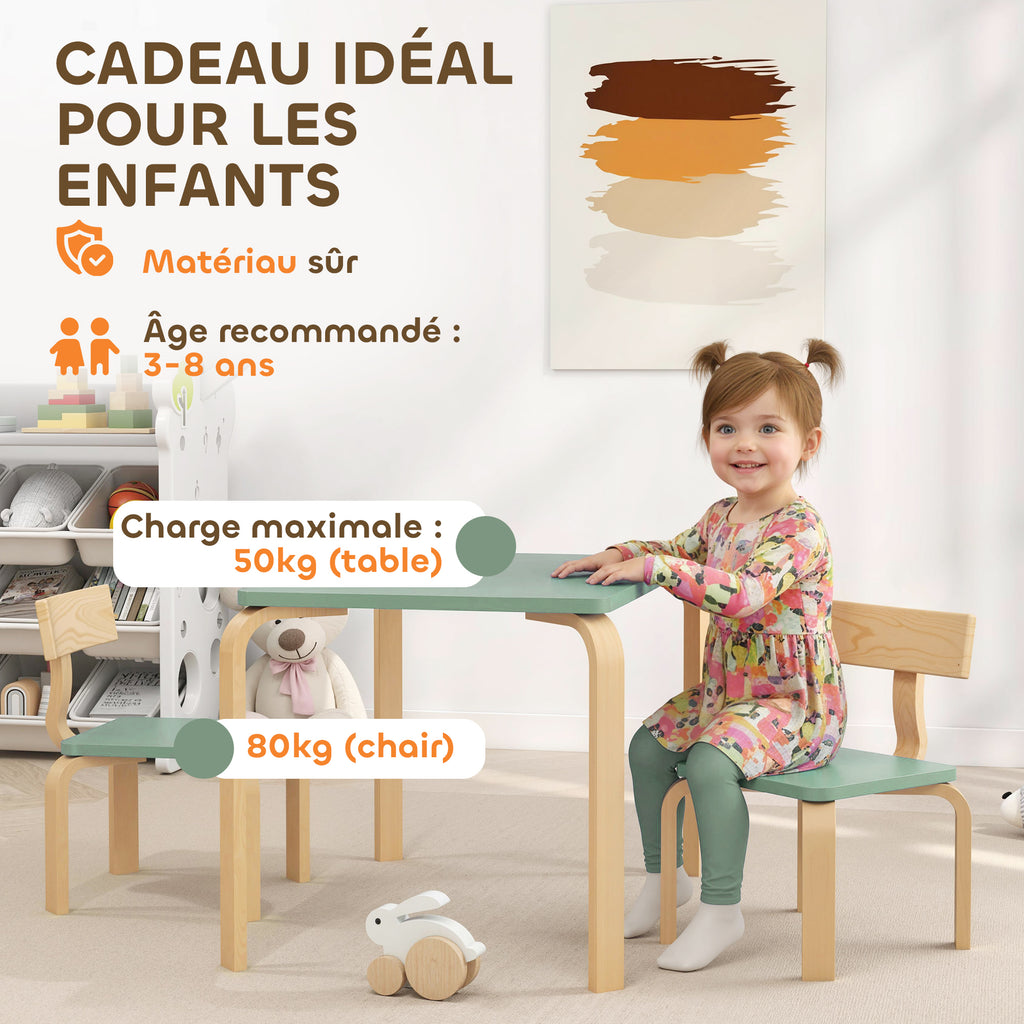 Table enfant avec chaises, lot table et 2 chaises enfant en bois pour dessiner, jouer, étudier, 78x53x53cm, vert-5