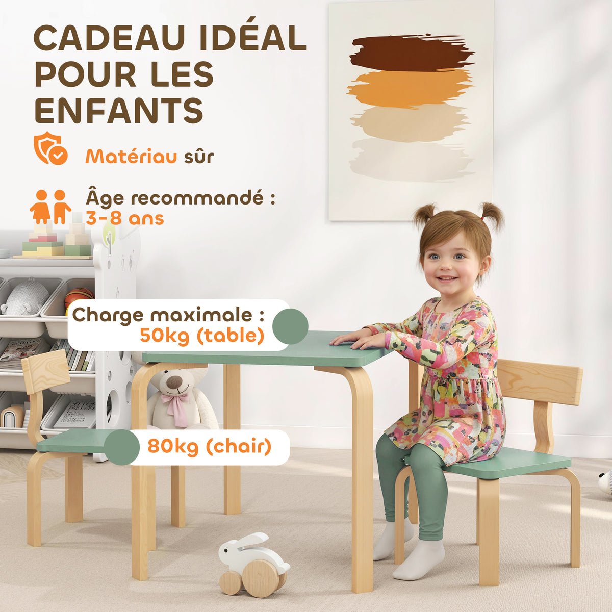Table enfant avec chaises, lot table et 2 chaises enfant en bois pour dessiner, jouer, étudier, 78x53x53cm, vert-5