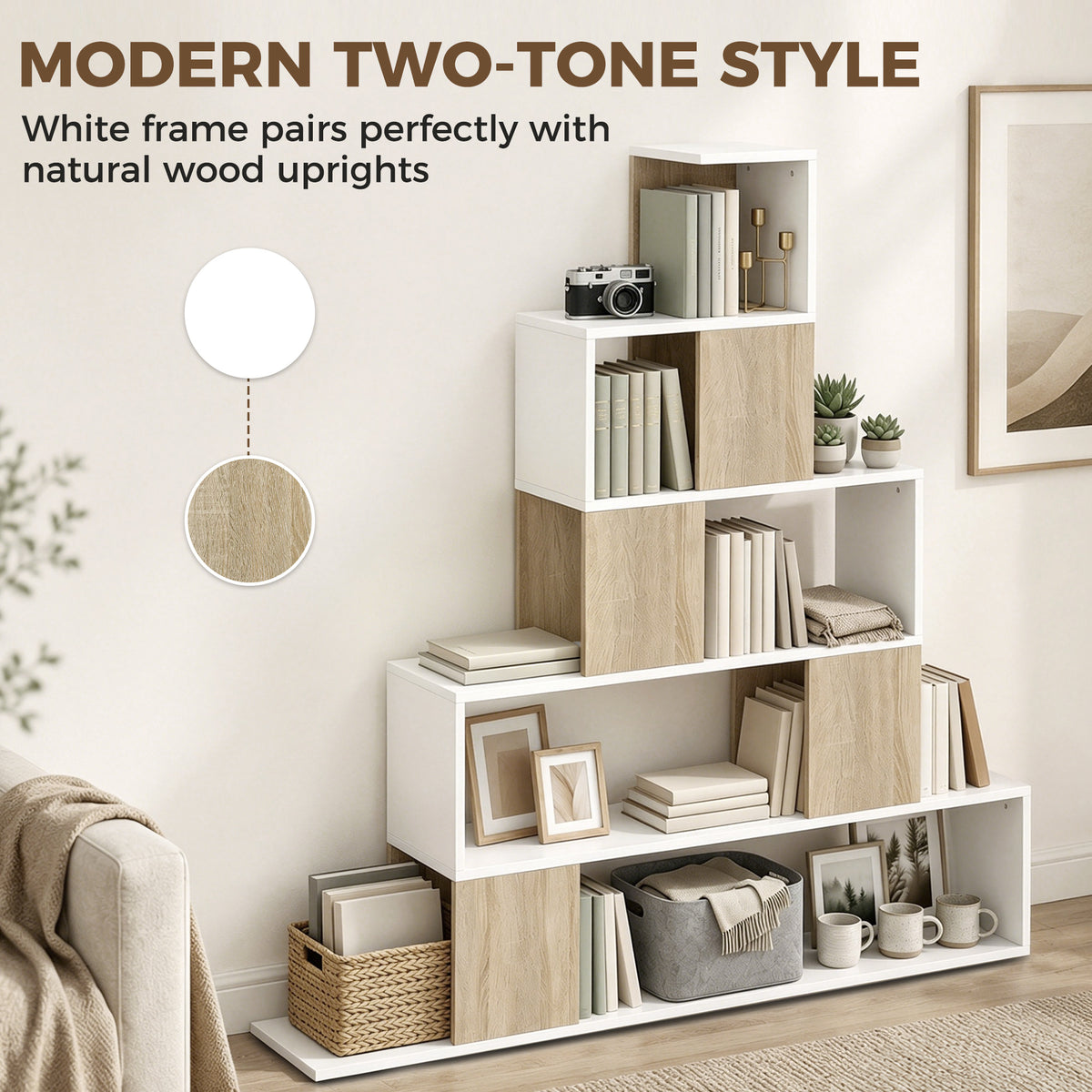 Étagère de rangement, bibliothèque géométrique à 5 niveaux, pour bureau, salon, chambre, blanc et bois naturel-7