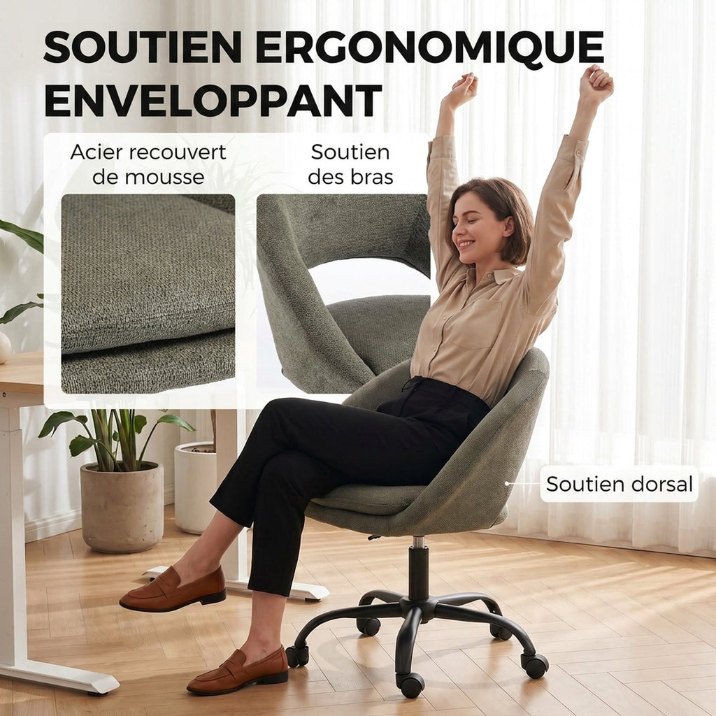 Chaise Bureau Ergonomique en Chenille, Hauteur Réglable, Accoudoirs Intégrés, Pivotant 360°, 59x60x79-89cm, Vert Foncé-4