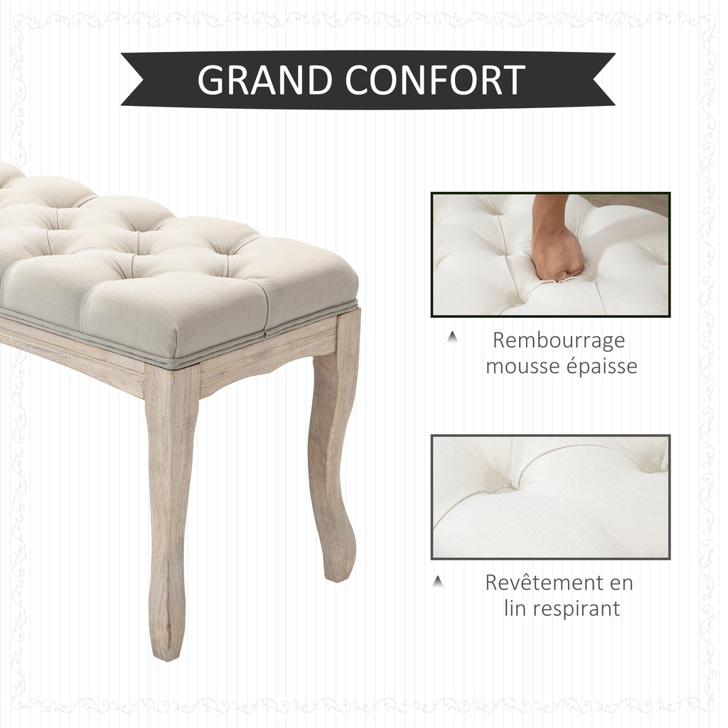 Lot de 2 banc Banquette capitonnée Style Classique 110 cm Bout de lit Rembourrée en lin piètement Bois hévéa sculpté-3